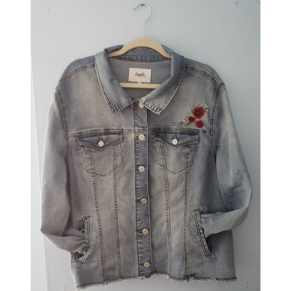 Angels Forever Young Raw Hem Faded Denim Jacket with Flower Embroidery Size 2X